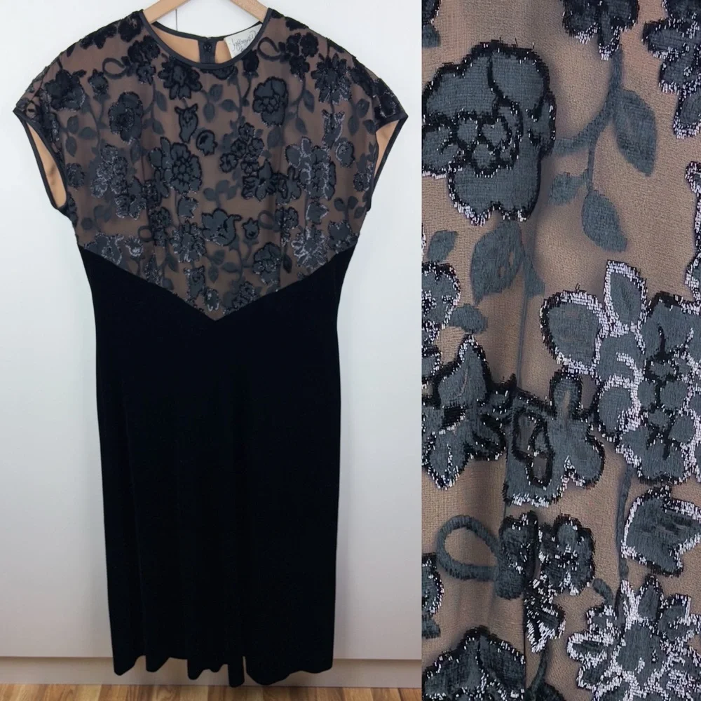 Vintage 90s Black Velvet Floral Tinsel Dress Jeffrey & Dara Evenings Tom Barra